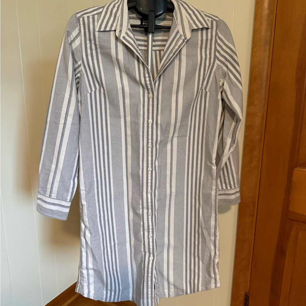 Land’s End shirt dress, white with blue stripes, size small.